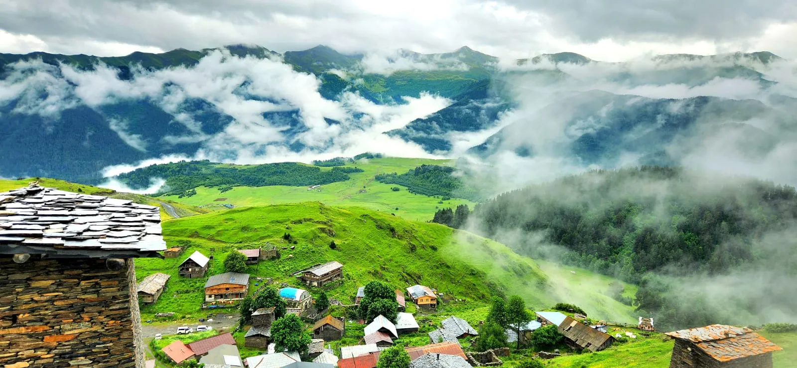 Low clouds drifting through the valleys of Tusheti