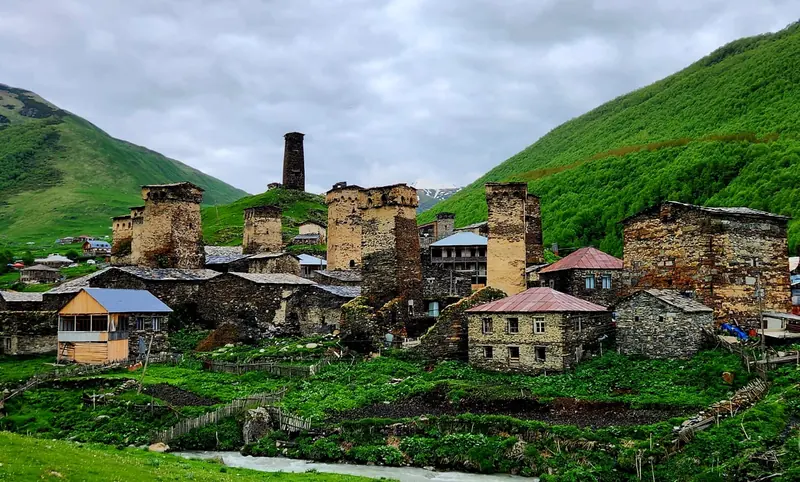 Stone towers and houses of Ushguli in early summer
